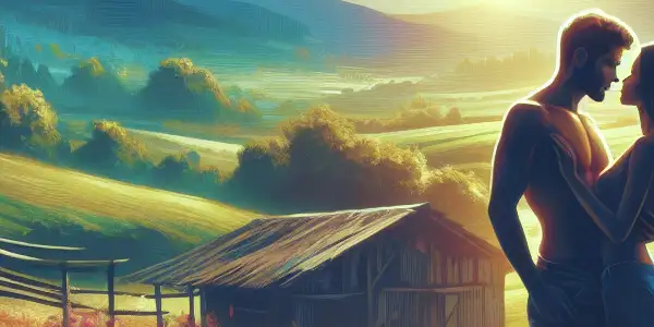 A romantic couple sharing an intimate moment in a picturesque rural landscape with wildflowers and cherry blossoms.