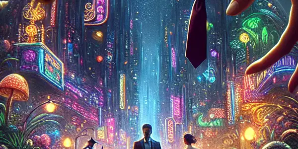 A dreamlike collage depicting passionate embraces, whimsical adventures, and intimate moments inspired by erotic cinema.