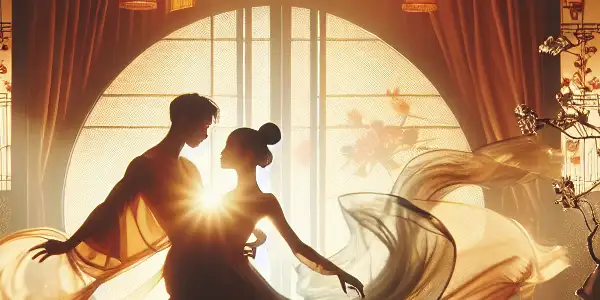 Two elegant figures entwined in a passionate embrace within a dimly lit, luxurious room.