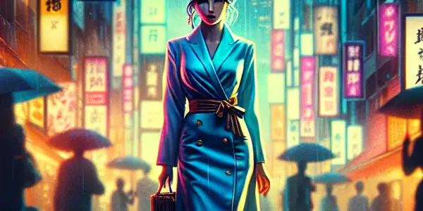 A confident urban woman stands in a neon-lit Tokyo street, exuding allure amidst a vibrant, rainy atmosphere.