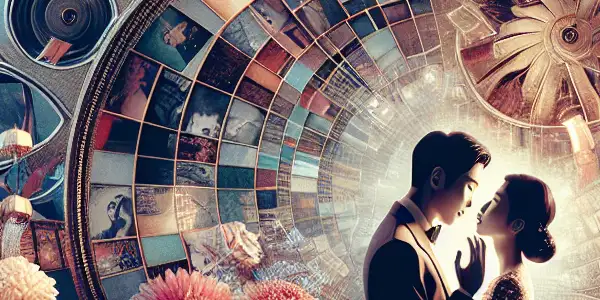 A cozy, dimly-lit room with a couple in a passionate embrace, surrounded by open books and cinematic elements.