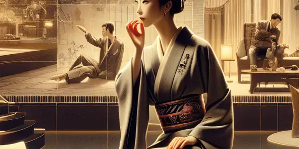 A glamorous transgender character in a stylish living room, exuding confidence and charm amidst cinematic elements.