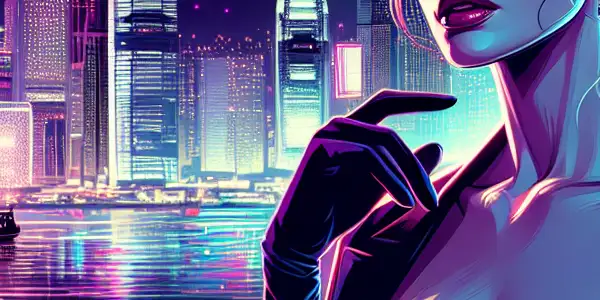 A glamorous woman in contemporary fashion against Hong Kong's neon skyline, embodying allure and sophistication in nightlife.