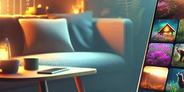 A modern mobile phone displaying an adult content app in a cozy, dimly lit room with a sofa and wine.