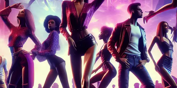A vibrant nightclub scene featuring diverse individuals dancing energetically, embodying music and sensuality with bold fashion and dynamic lighting.