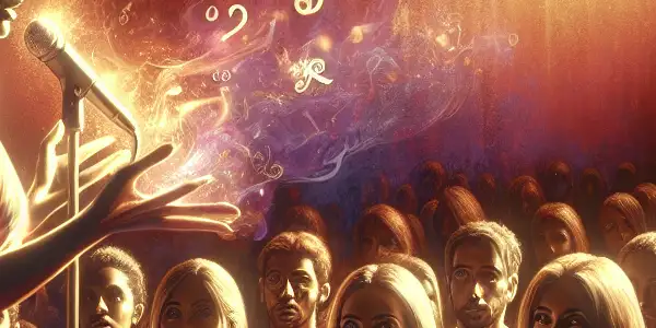 A charismatic speaker captivates a diverse audience on a dimly lit stage, surrounded by evocative imagery of desire and emotion.