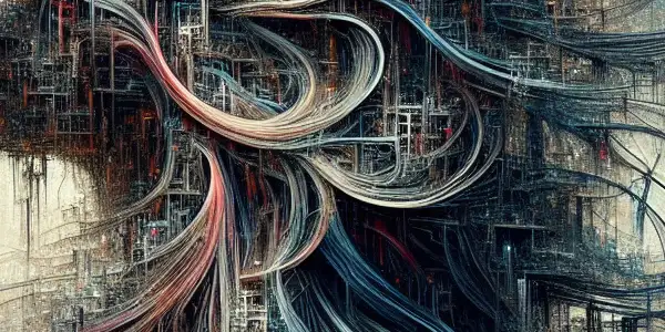 A chaotic representation of tangled hair symbolizing emotional conflicts and transgressions, intertwined with abstract characters and urban silhouettes.