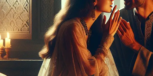 A couple whispers intimately in a softly lit, romantic room filled with warmth and allure.<a href=