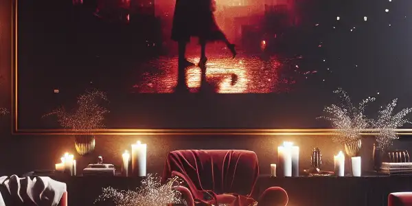 A luxurious, dimly lit room featuring a romantic scene on a screen, with elegant furnishings and sensual decor.