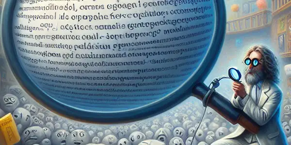 A whimsical scholar examines oversized books and floating words in a surreal library, surrounded by playful debate symbols.