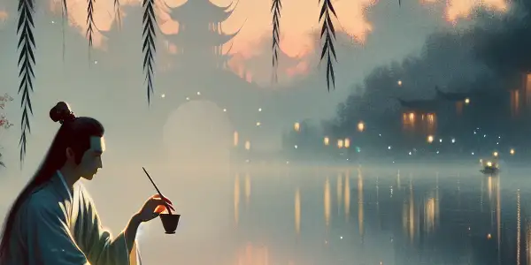 A solitary poet by a twilight riverside, reflecting on time, surrounded by willow trees and drifting petals.