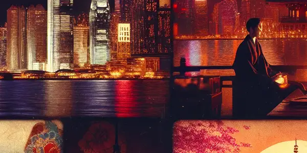 A captivating collage blending Hong Kong's skyline and Japanese elements, evoking the allure of Asian erotic cinema.