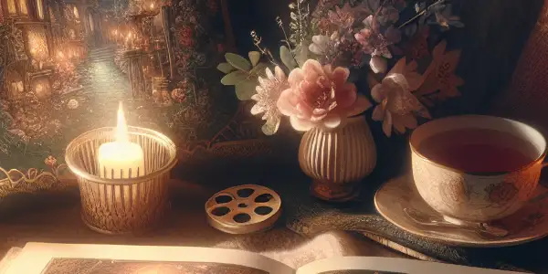 A cozy reading nook with an open book, sensual illustrations, and hints of Japanese adult film elements.