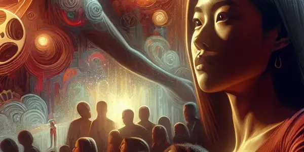 A diverse audience in an intimate theater, captivated by a film exploring desire and morality.