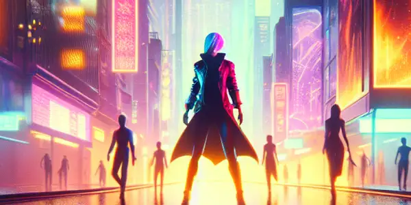 A neon-lit urban scene featuring a confident character in a revealing outfit, surrounded by seductive silhouettes and vibrant colors.