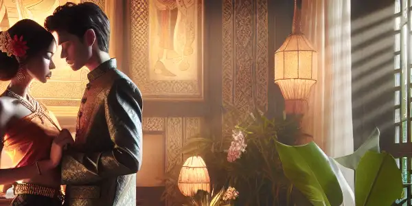 A romantic bedroom scene with a couple embracing amidst lush greenery and traditional Thai decor.