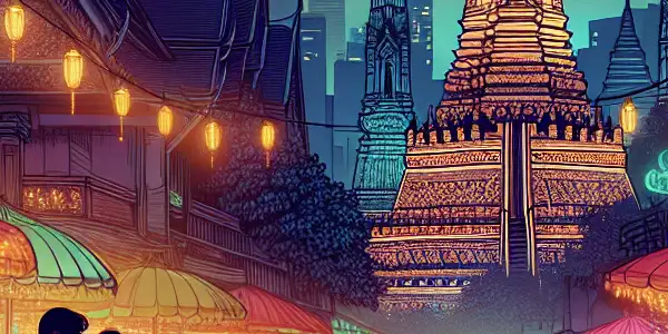 A passionate encounter between two characters amidst vibrant Bangkok nightlife, showcasing Thai culture and urban allure.