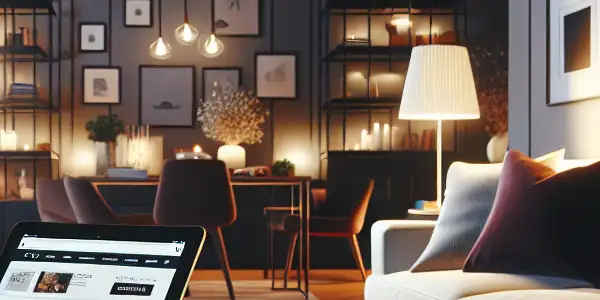 A cozy modern living room with a user watching adult films on an iPad, featuring plush seating and warm lighting.