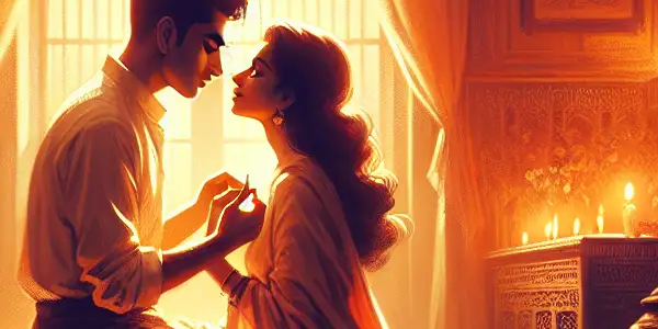 A romantic scene of two figures in an intimate setting, conveying passion and emotional connection.