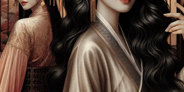 Two elegant female figures inspired by Japanese and Korean adult film stars in a luxurious, intimate setting.