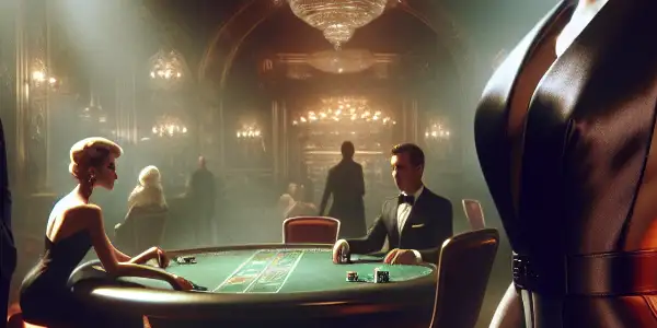 A glamorous female spy in an elegant casino, exuding confidence and mystery amidst intrigue and seduction.